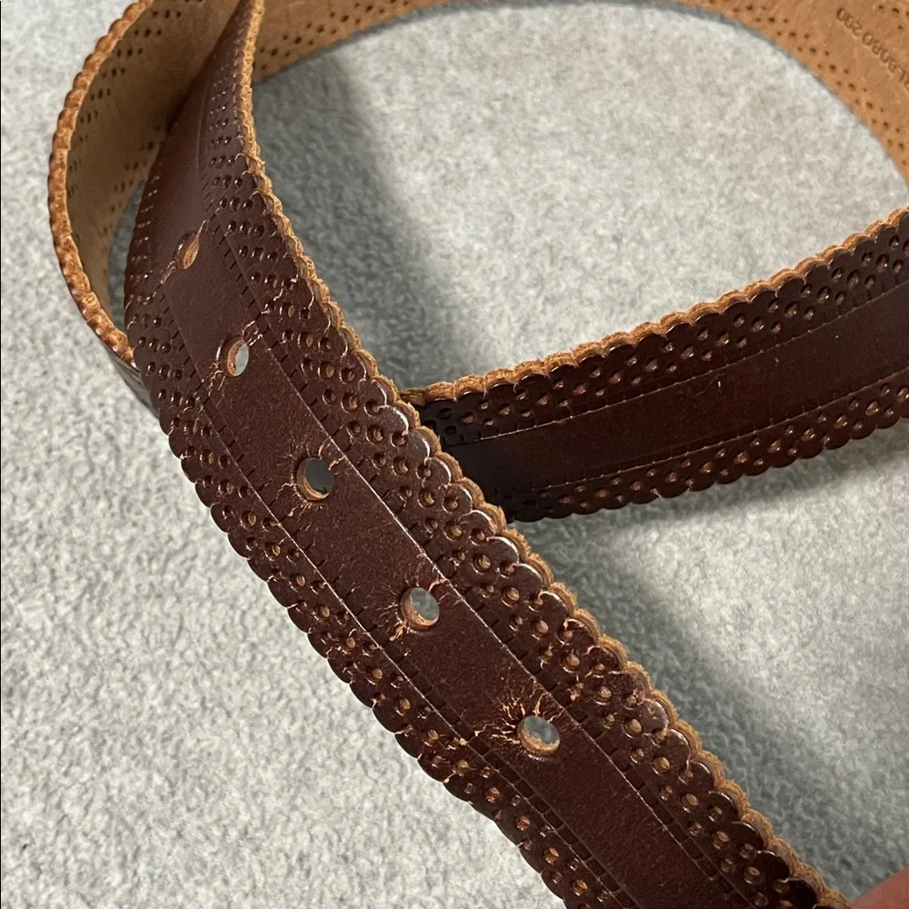 Boho Leather Bonded Belt Womens Medium Brown Silver Brass Buckle Lazer Cut